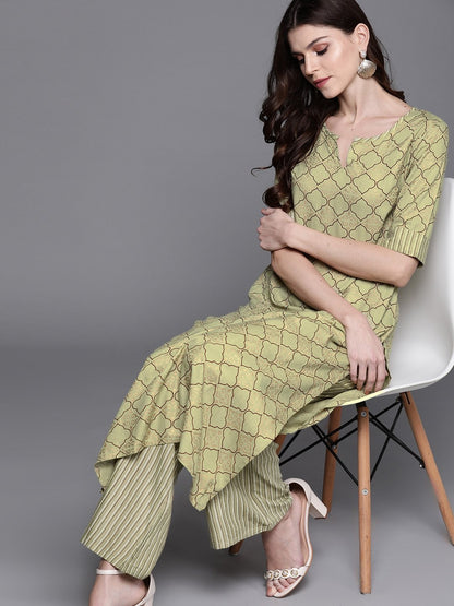 Women's  Green & Golden Printed Kurta with Palazzos