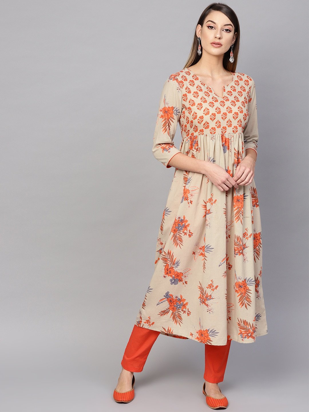 Women's  Beige & Orange Floral Printed A-Line Kurta