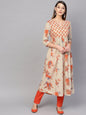 Women's  Beige & Orange Floral Printed A-Line Kurta