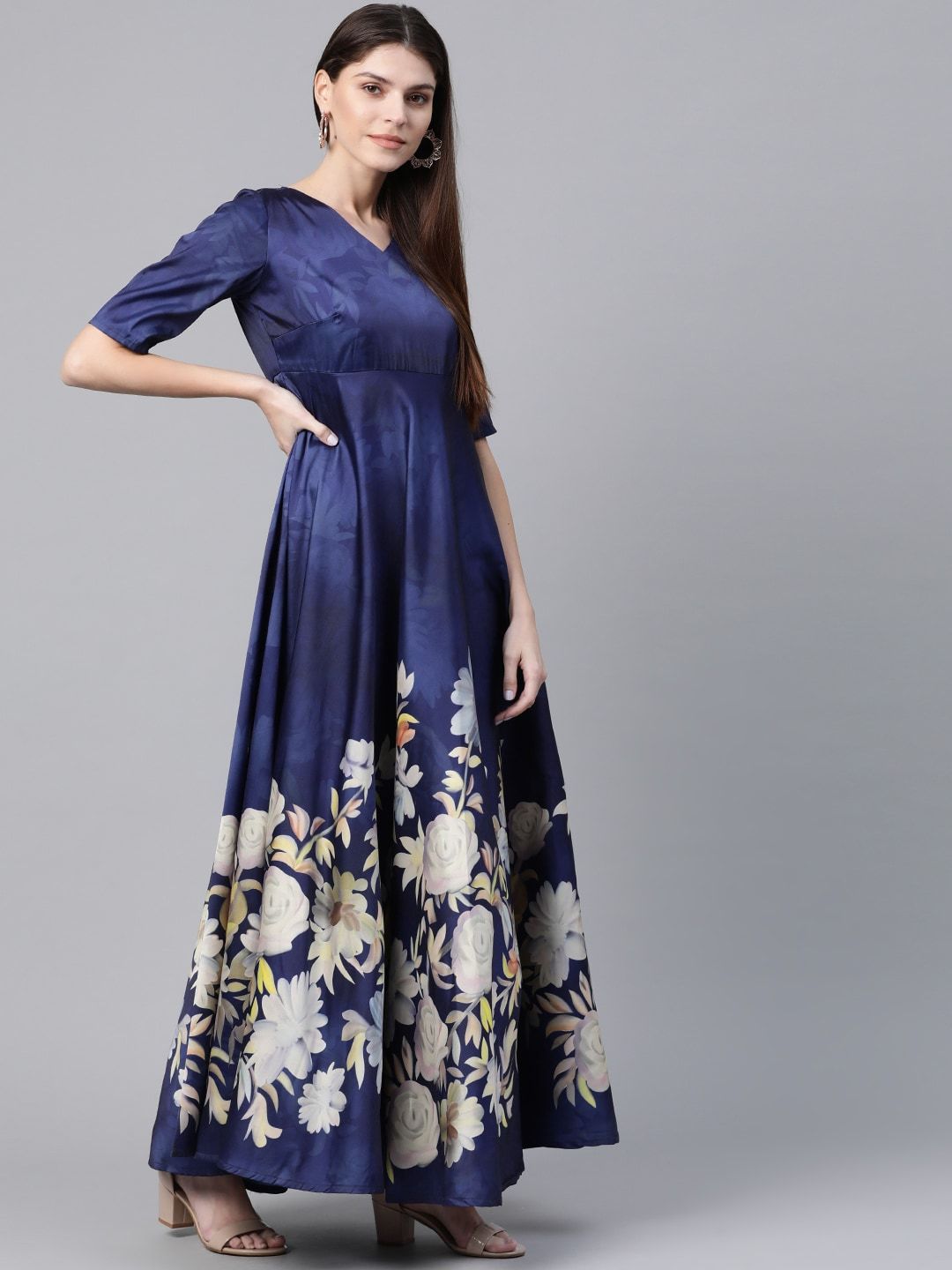 Women's  Navy Blue & White Digital Floral Print Maxi Dress