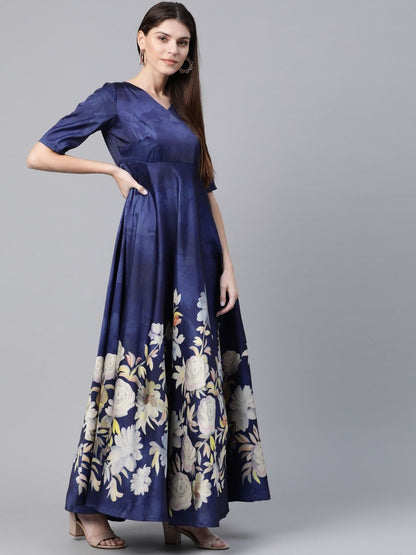 Women's  Navy Blue & White Digital Floral Print Maxi Dress