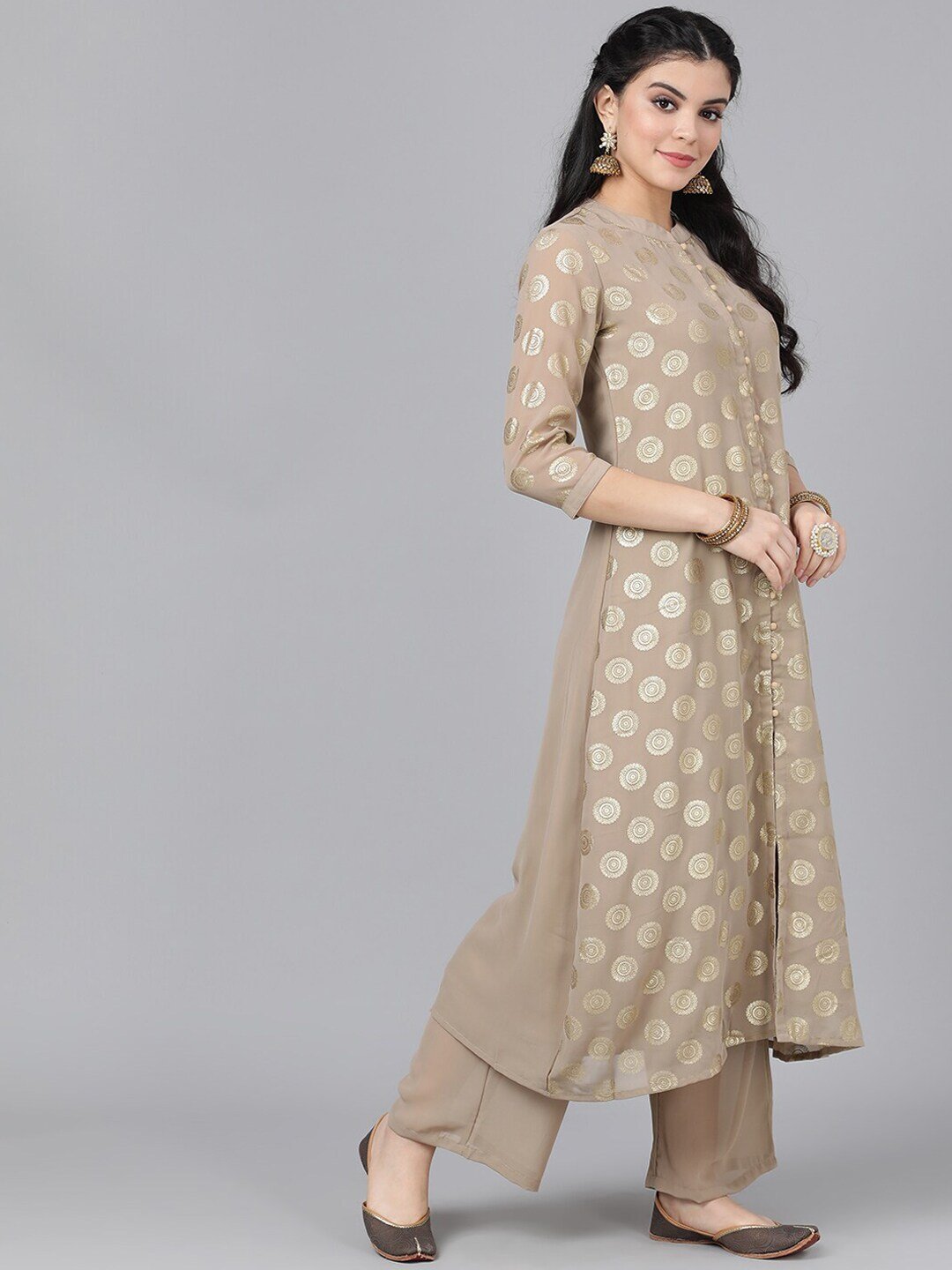 Women's  Taupe & Gold-Toned Woven Design A-Line Kurta