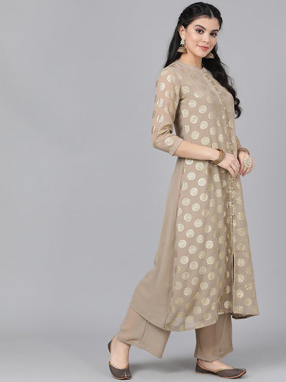 Women's  Taupe & Gold-Toned Woven Design A-Line Kurta