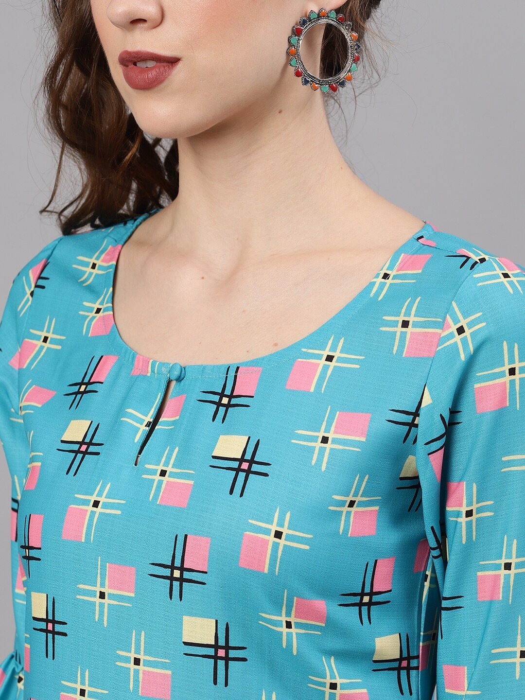 Women's  Blue & Pink Printed Straight Kurta