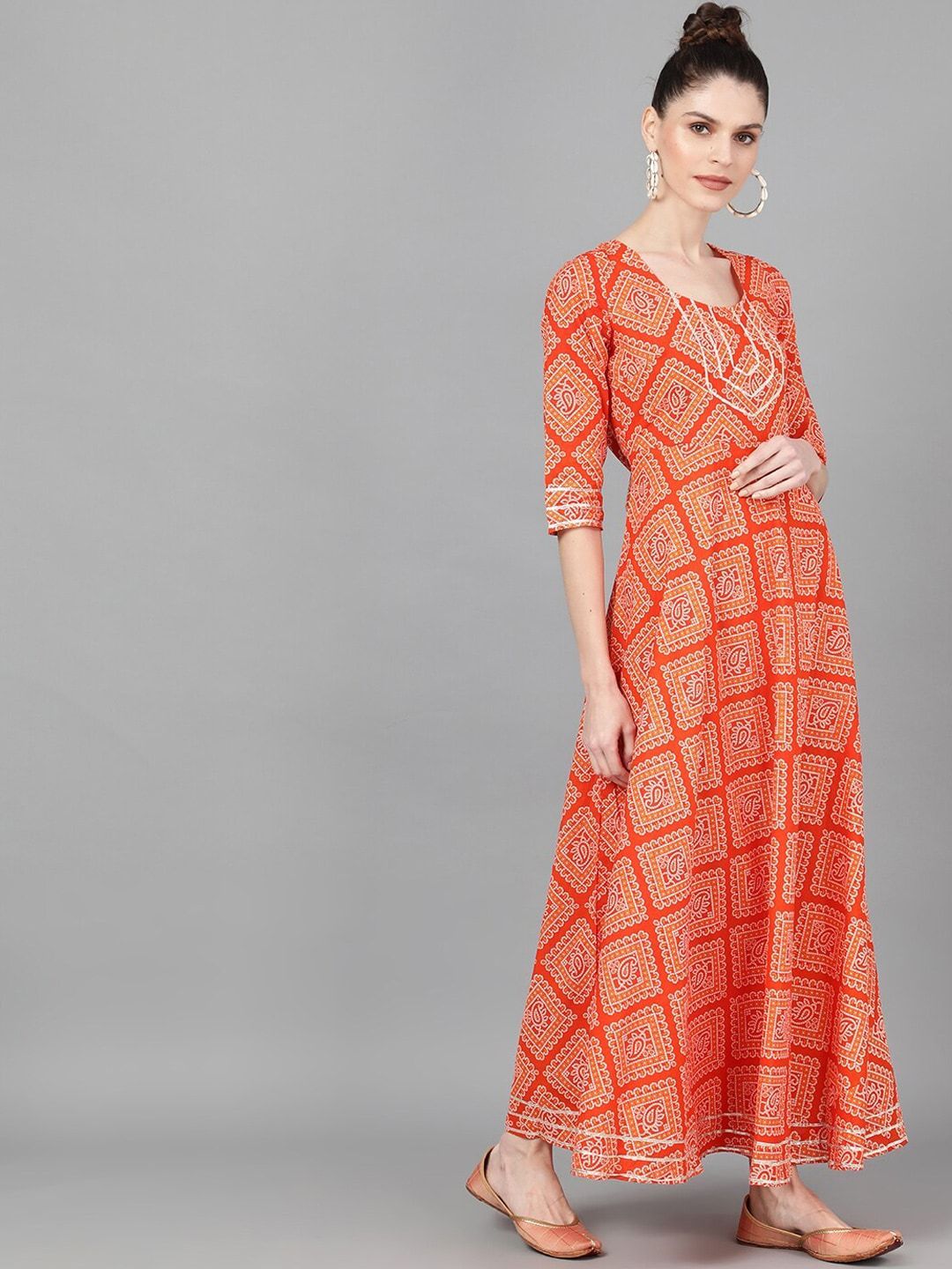 Women's  Orange  Bandhani Printed Maxi Dress