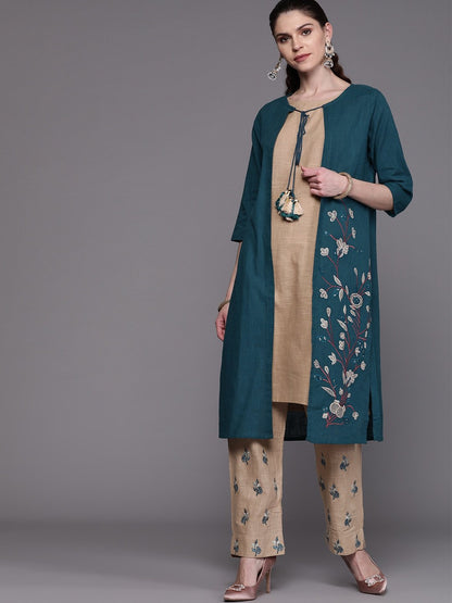 Women's  Teal Blue & Brown Embroidered Layered Kurta with Palazzos