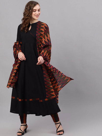 Women's  Black & Orange Solid Kurta with Trousers & Dupatta