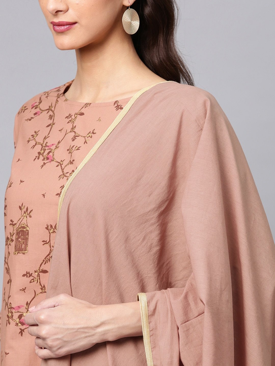 Women's  Brown Printed Kurta with Palazzos & Dupatta