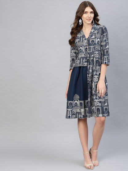 Women's  Navy & Off-White Printed Layered A-Line Dress