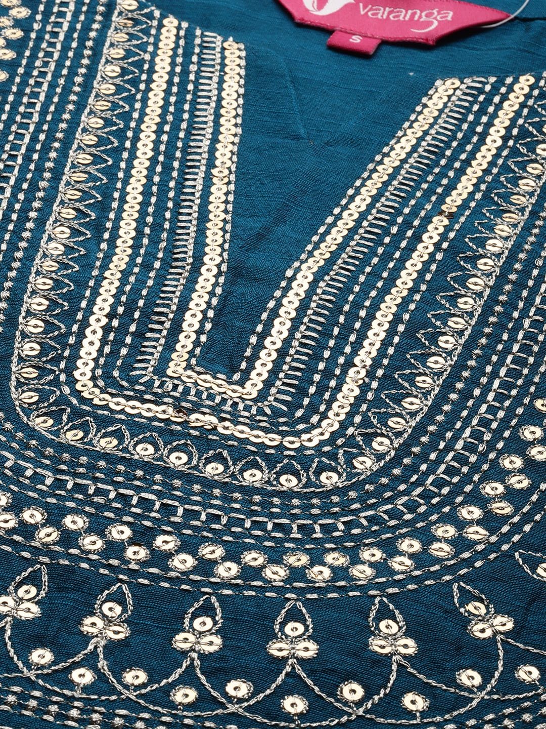 Women's Teal Blue & Beige Sequined Yoke Design Kurta With Trousers & Dupatta