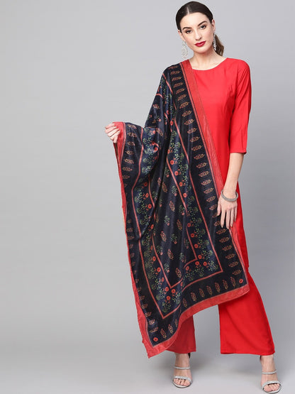 Women's Navy Blue Printed Velvet Dupatta