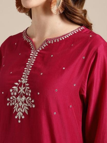 Women's Magenta Panelled Kurta with Trousers & Dupatta