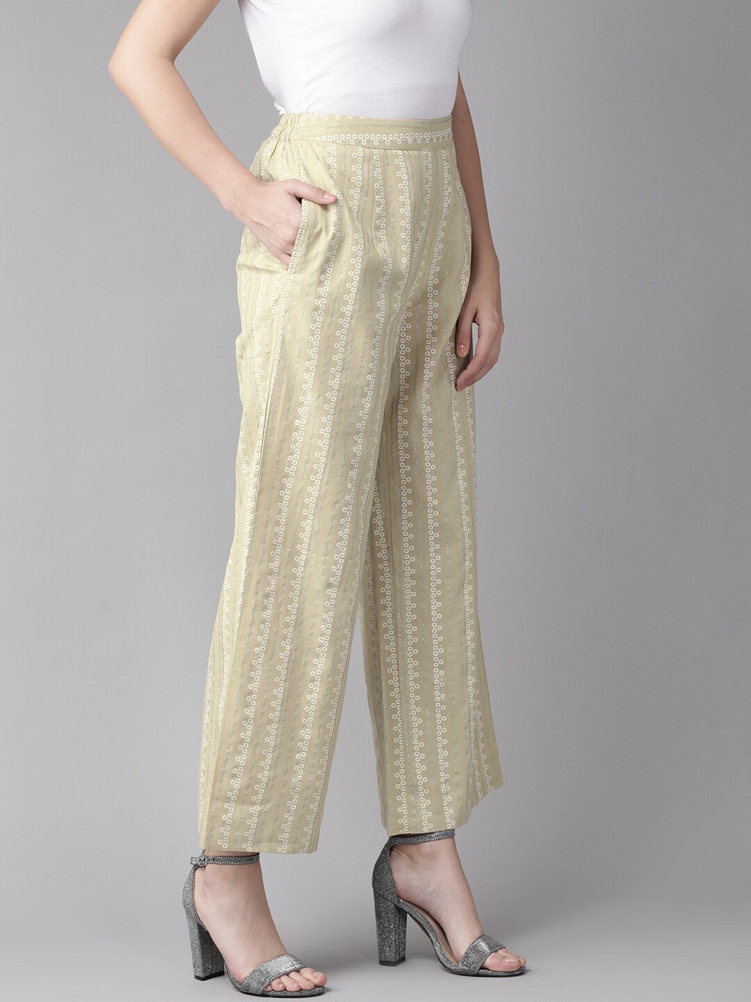 Women's  Beige & White Striped Straight Palazzos