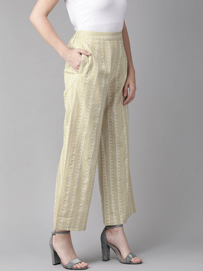 Women's  Beige & White Striped Straight Palazzos