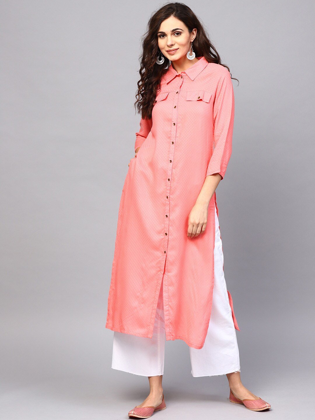 Women's  Peach-Coloured Woven Design Pathani Kurta