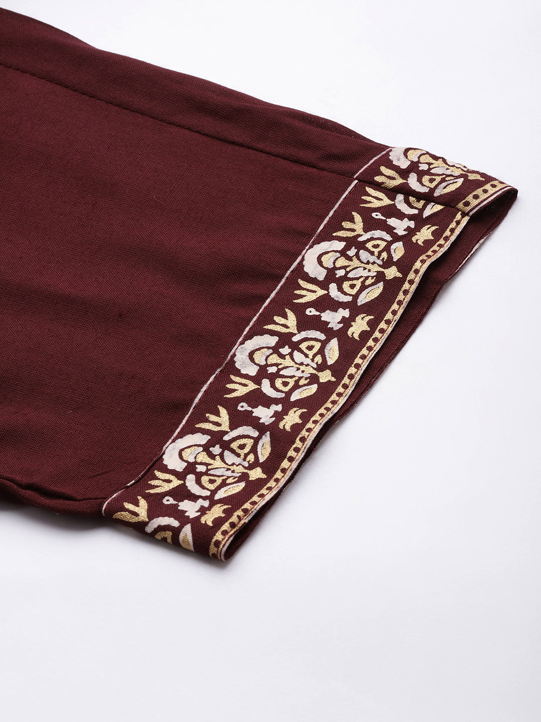 Women's Wine Rayon Panelled Printed A-Line Kurta Trouser Set With Dupatta