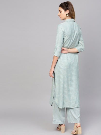 Women's  Blue & Golden Self Design Pathani Kurta
