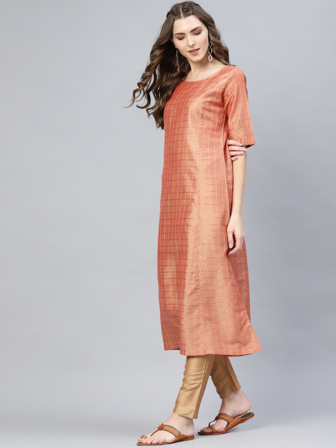Women's  Peach-Coloured & Golden Checked A-Line Kurta