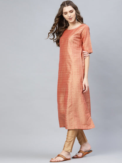Women's  Peach-Coloured & Golden Checked A-Line Kurta