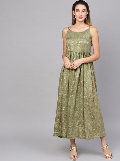 Women's  Olive Green & Golden Printed Layered Maxi Dress