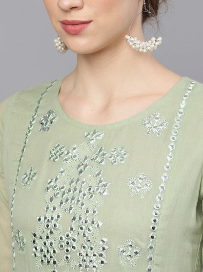 Women's  Green Embroidered Layered Anarkali Kurta