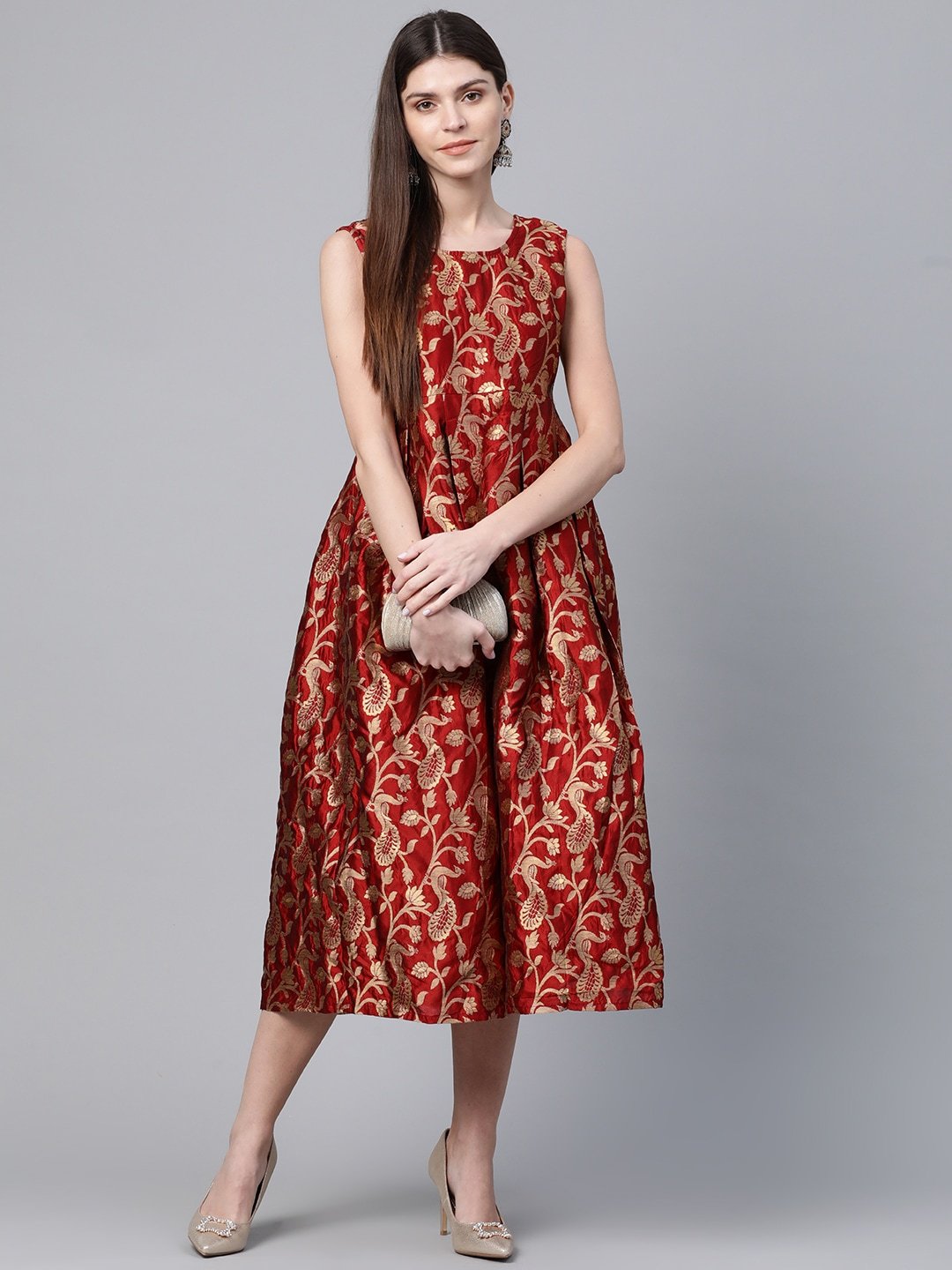 Women's  Maroon & Golden Self Design Wrap Dress