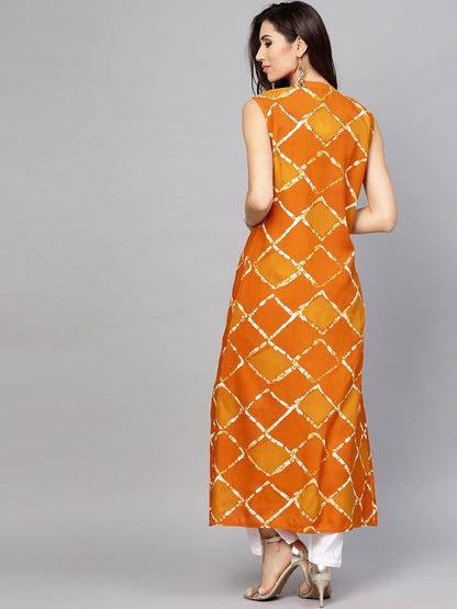 Women's  Orange & Mustard Yellow Checked Straight Kurta