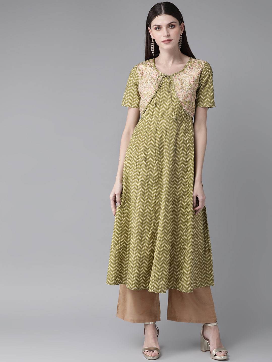 Women's  Green & Cream-Coloured Khari Print Layered A-Line Kurta