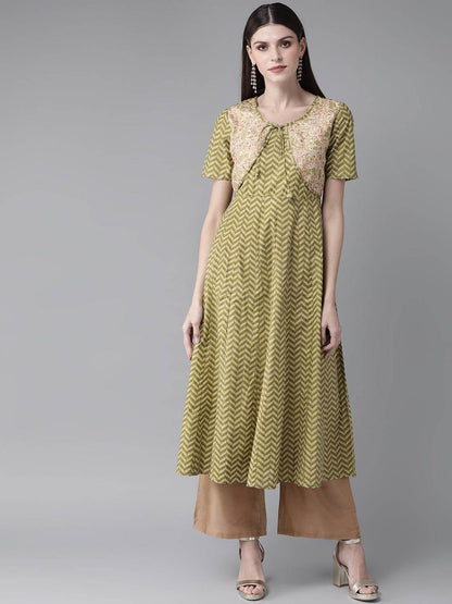 Women's  Green & Cream-Coloured Khari Print Layered A-Line Kurta