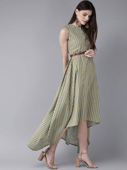 Women's  Green & Yellow Striped Maxi Dress
