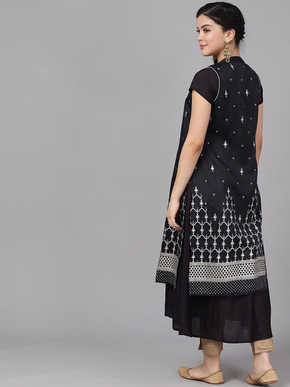 Women's  Black & Silver-Toned Embroidered Anarkali Kurta