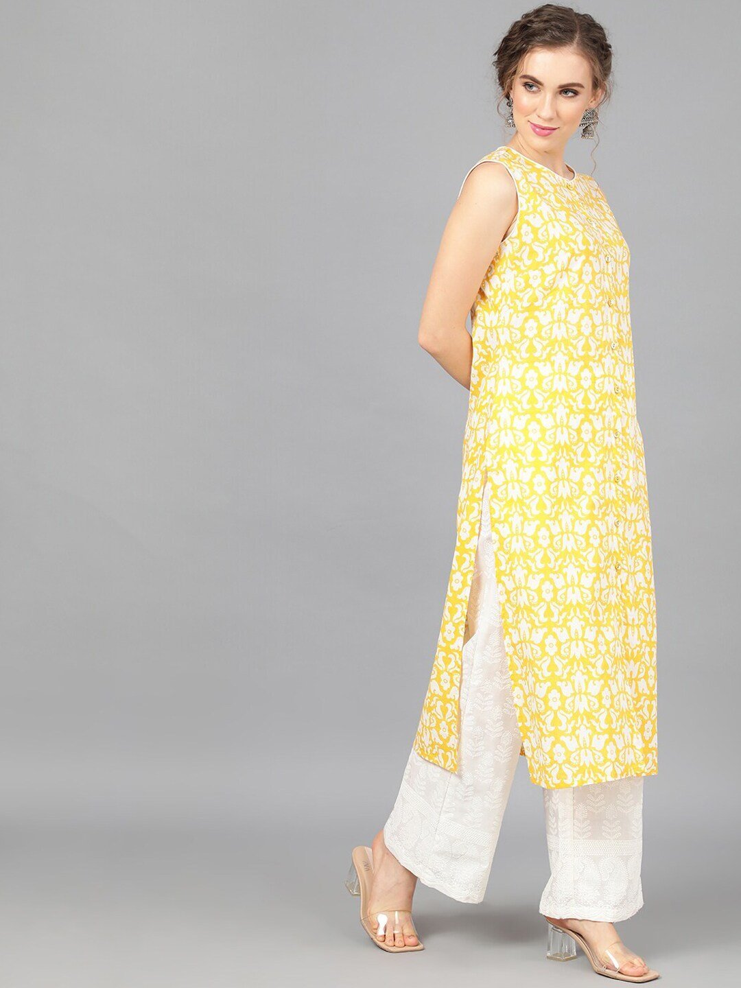 Women's  Yellow & White Printed Straight Kurta