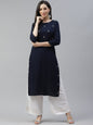 Women's Navy Blue Embroidered Kurta
