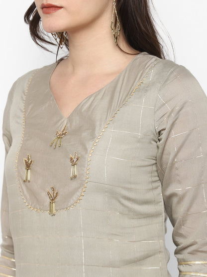 Women's Grey Color Chanderi Silk Embroidered Straight Kurta Palazzo With Dupatta