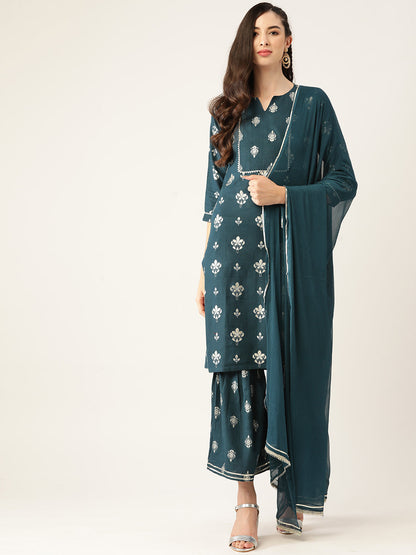 Women's Dark Rama Color Rayon Blend Printed Kurta Sharara With Dupatta