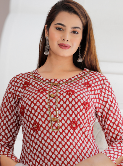 Women's Rayon Maroon Straight Kurta With Pant And Dupatta