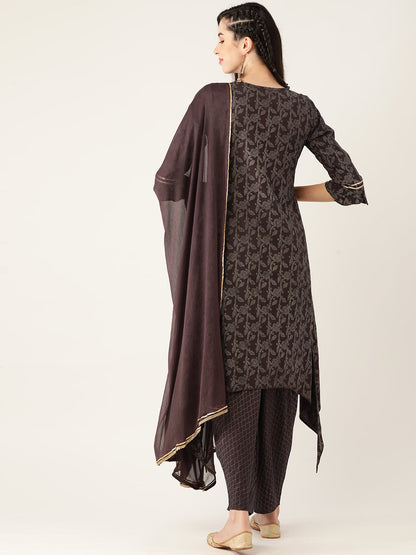 Women's Wine Color Rayon Blend Printed Kurta Dhoti Pant With Dupatta