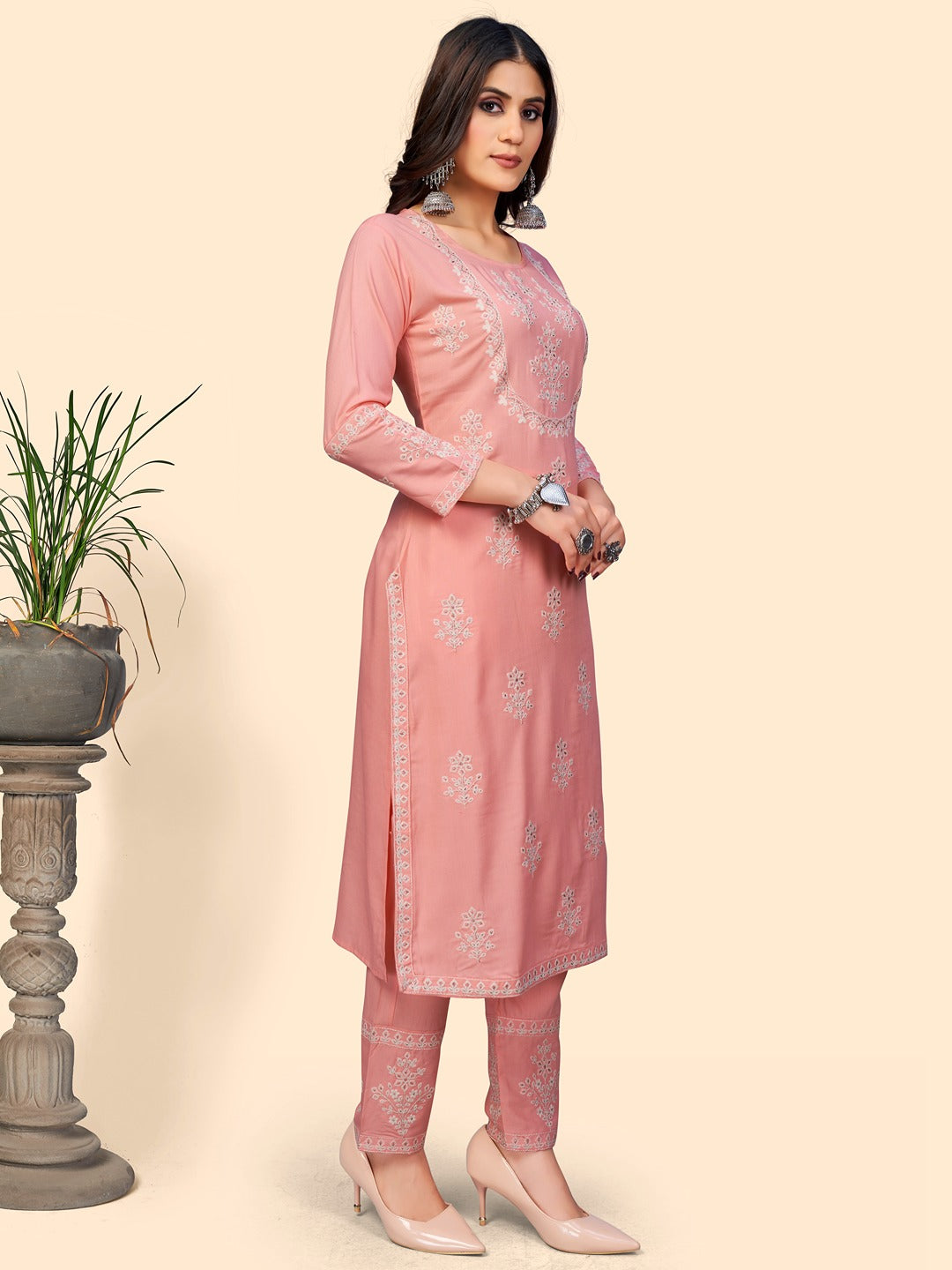 Women's Embroidered Straight Rayon Light Pink Stitched Kurta Pant With Dupatta