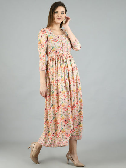 Women's Multi Cotton Printed 3/4 Sleeve Squre Casual Dress