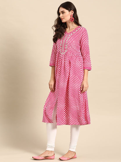 Women's Pink & White Striped A-Line Kurta