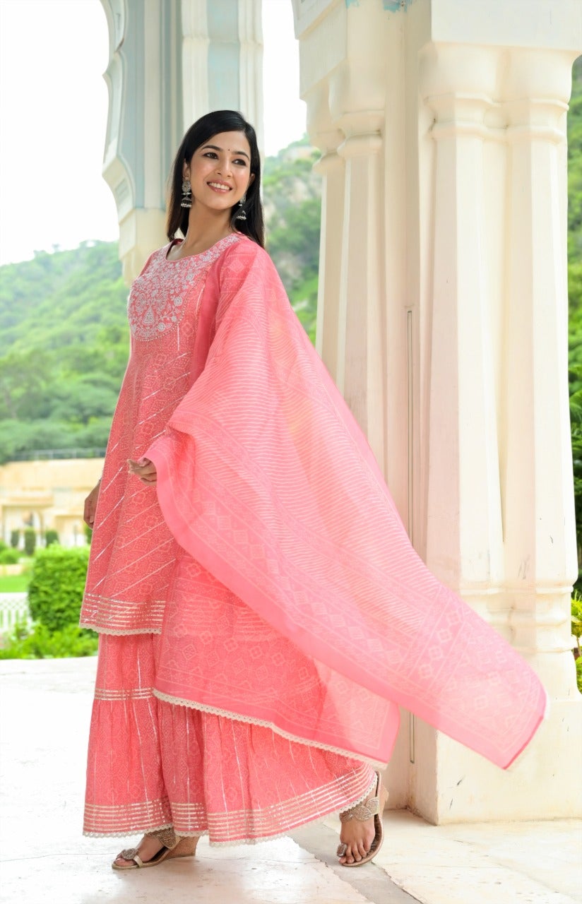 Women's Pink Printed Peplum Dupatta Set