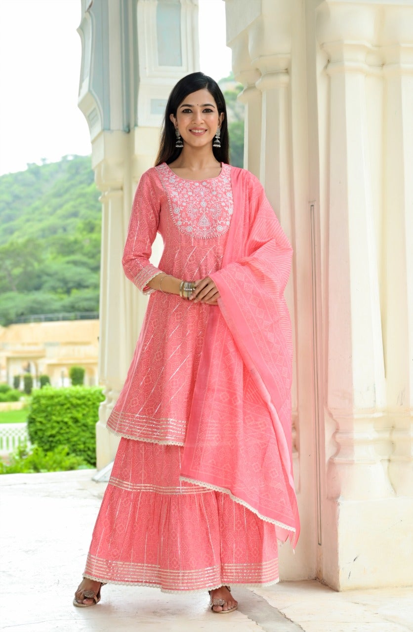 Women's Pink Printed Peplum Dupatta Set