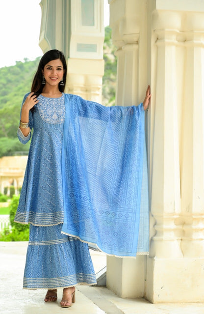 Women's Blue Printed Peplum Dupatta Set