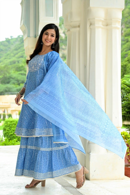 Women's Blue Printed Peplum Dupatta Set