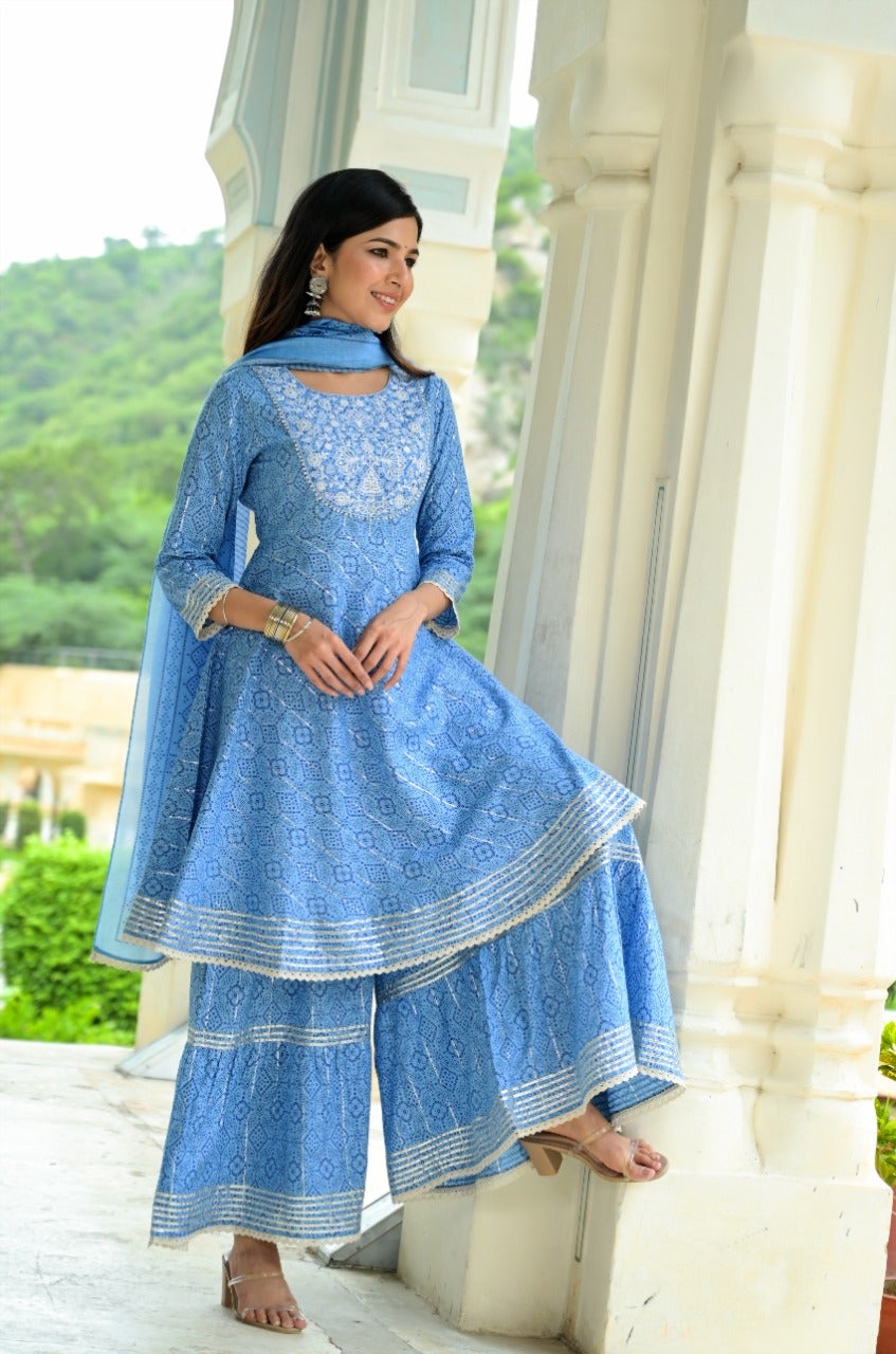Women's Blue Printed Peplum Dupatta Set