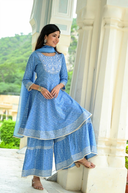 Women's Blue Printed Peplum Dupatta Set