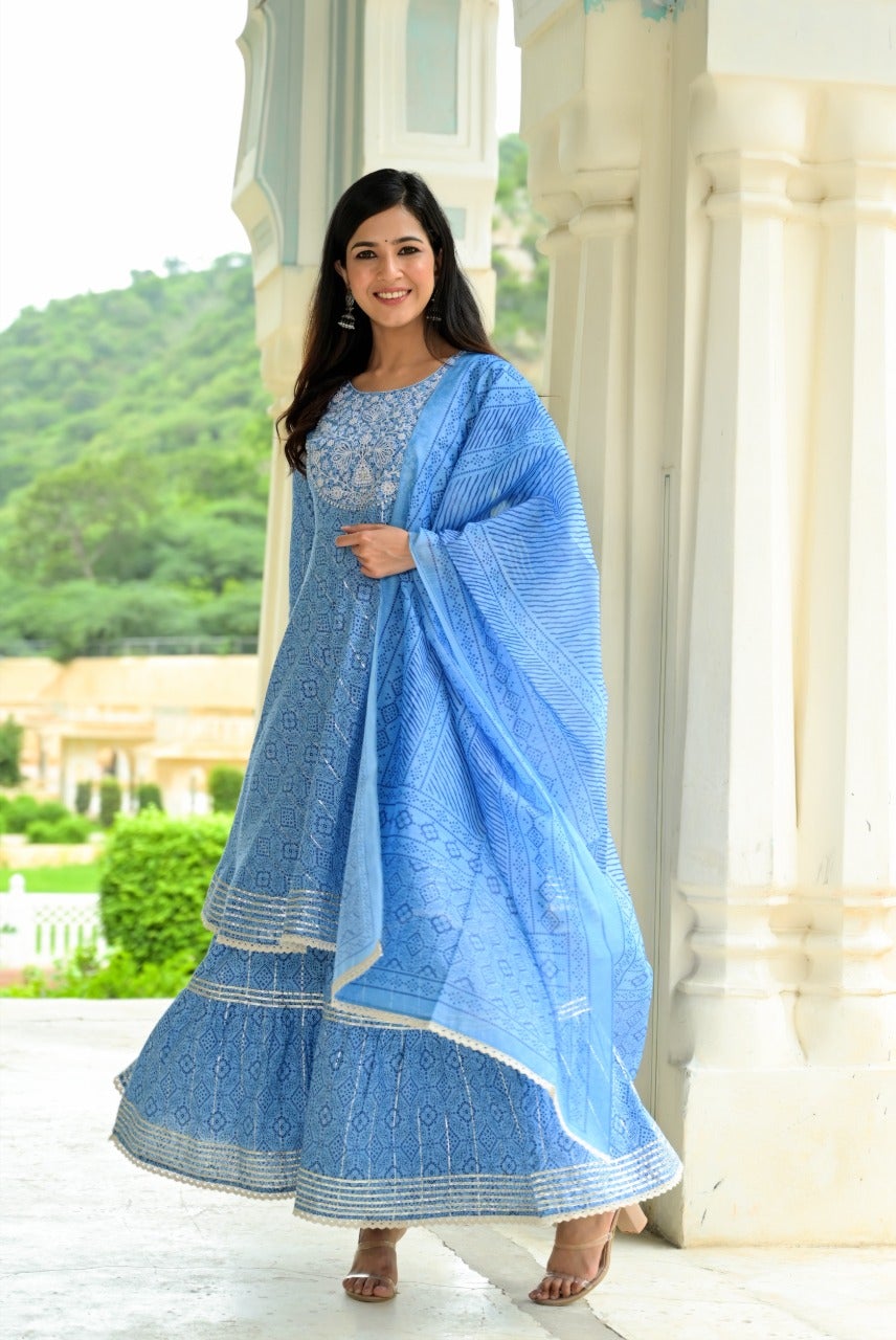 Women's Blue Printed Peplum Dupatta Set