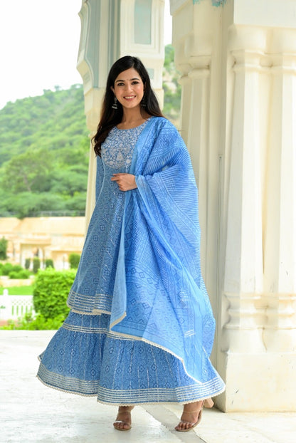 Women's Blue Printed Peplum Dupatta Set