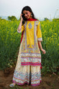 Buy_Women's_Yellow_Cambric_Printed_Straight_Kurta_Palazzo_Dupatta_Set_Online_Trendia