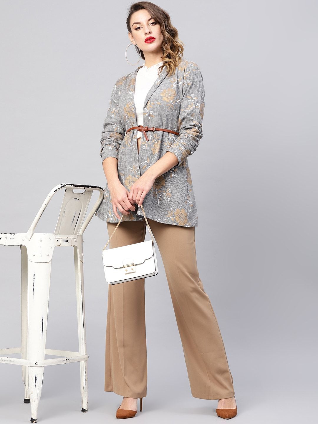 Women's  Grey & Golden Printed Front Open Blazer